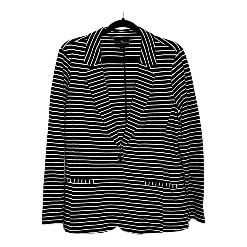 Worthington Womens Black White Striped Single Button Knit Blazer Jacket Size L